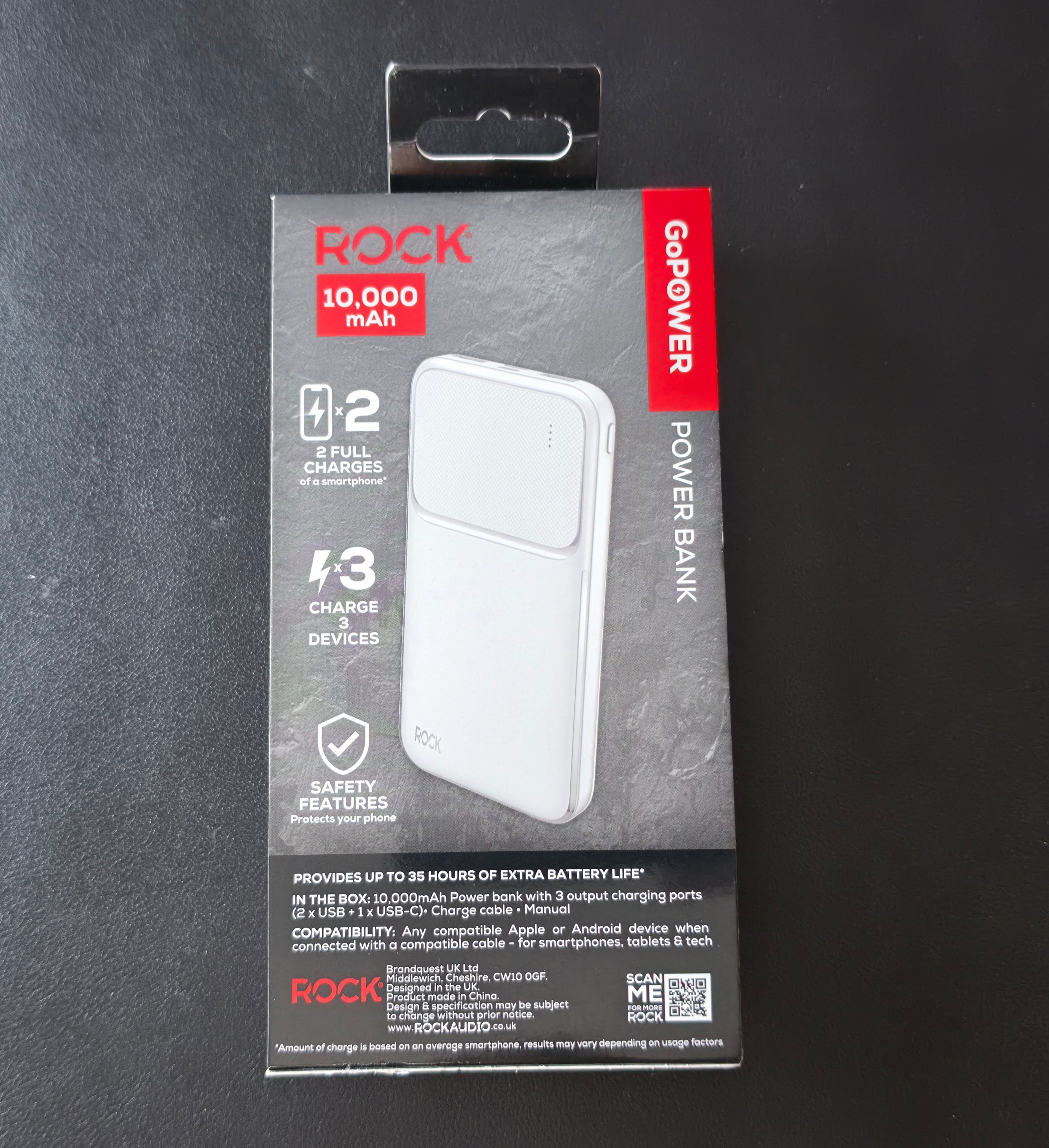 Rock 10,000 mAh Power Bank. Charge 3 Devices, Provides 2 Charges, 20 Watt, White