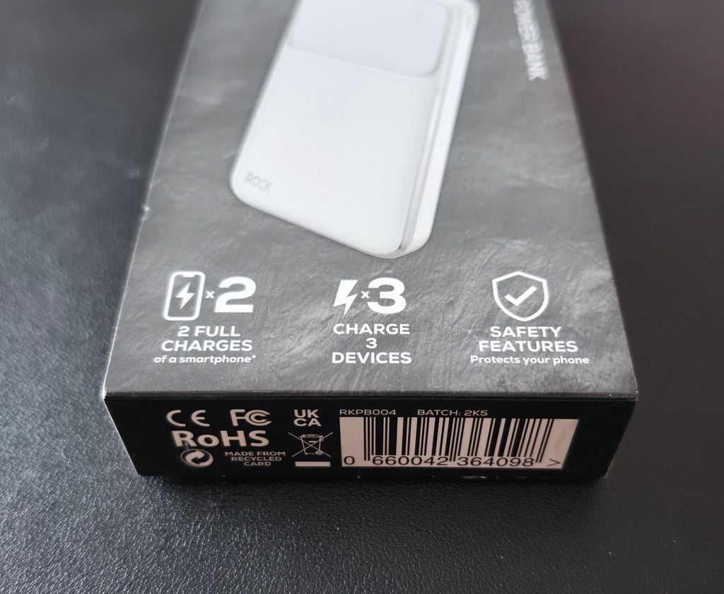 Rock 10,000 mAh Power Bank. Charge 3 Devices, Provides 2 Charges, 20 Watt, White