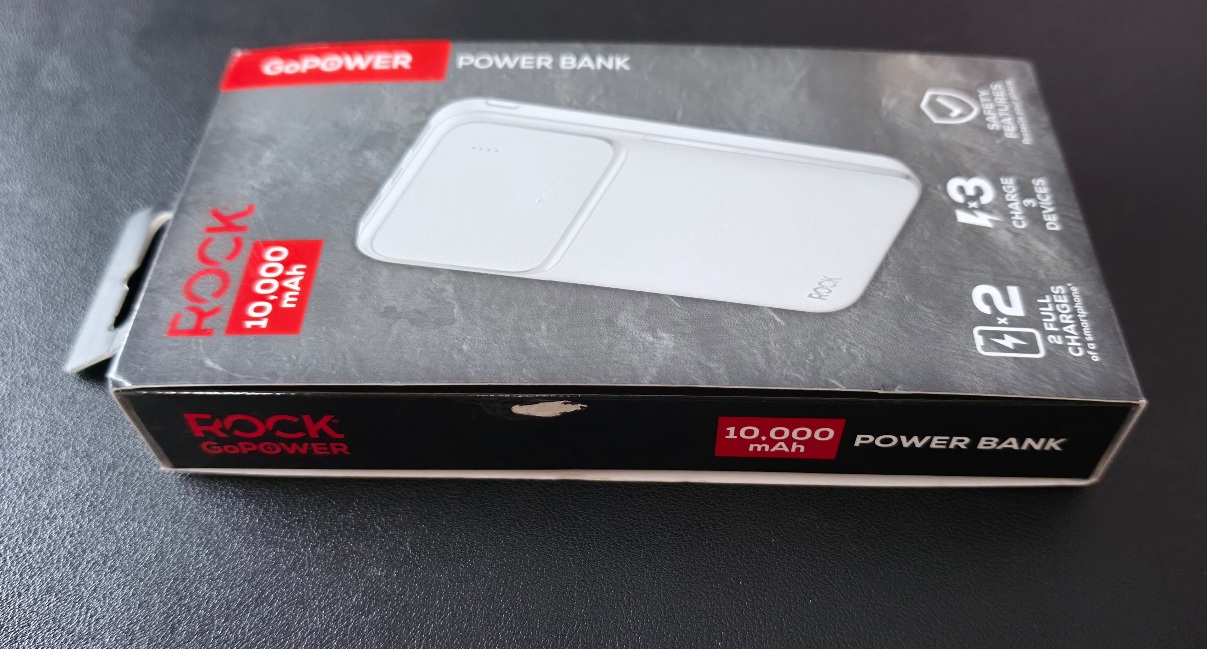 Rock 10,000 mAh Power Bank. Charge 3 Devices, Provides 2 Charges, 20 Watt, White