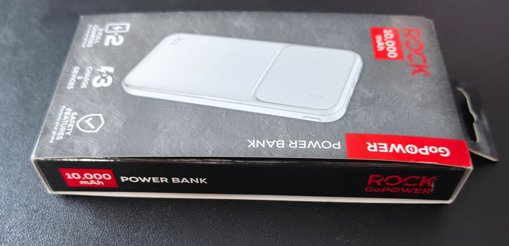 Rock 10,000 mAh Power Bank. Charge 3 Devices, Provides 2 Charges, 20 Watt, White